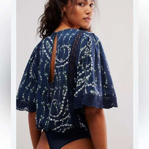 FREE PEOPLE Bali Tate Mixed Media Navy Lace Bodysuit